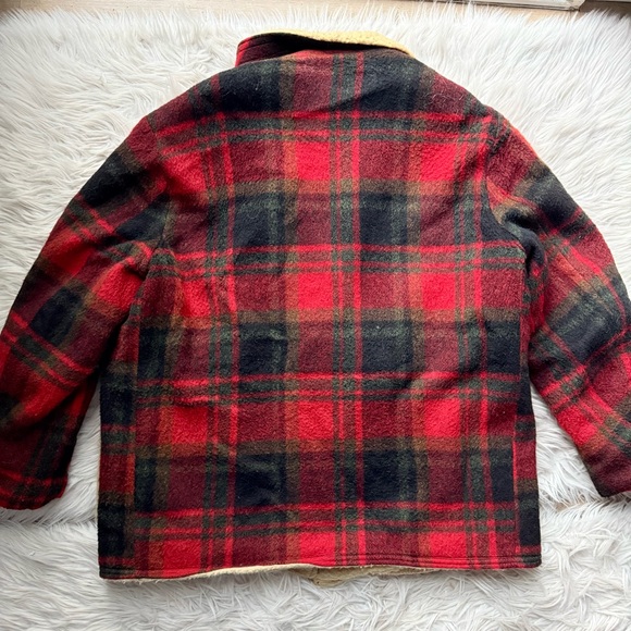 Vintage 60s Rancher Cabincore Red Plaid Wool Chore Jacket Coat Sherpa Shearling - Picture 8 of 10